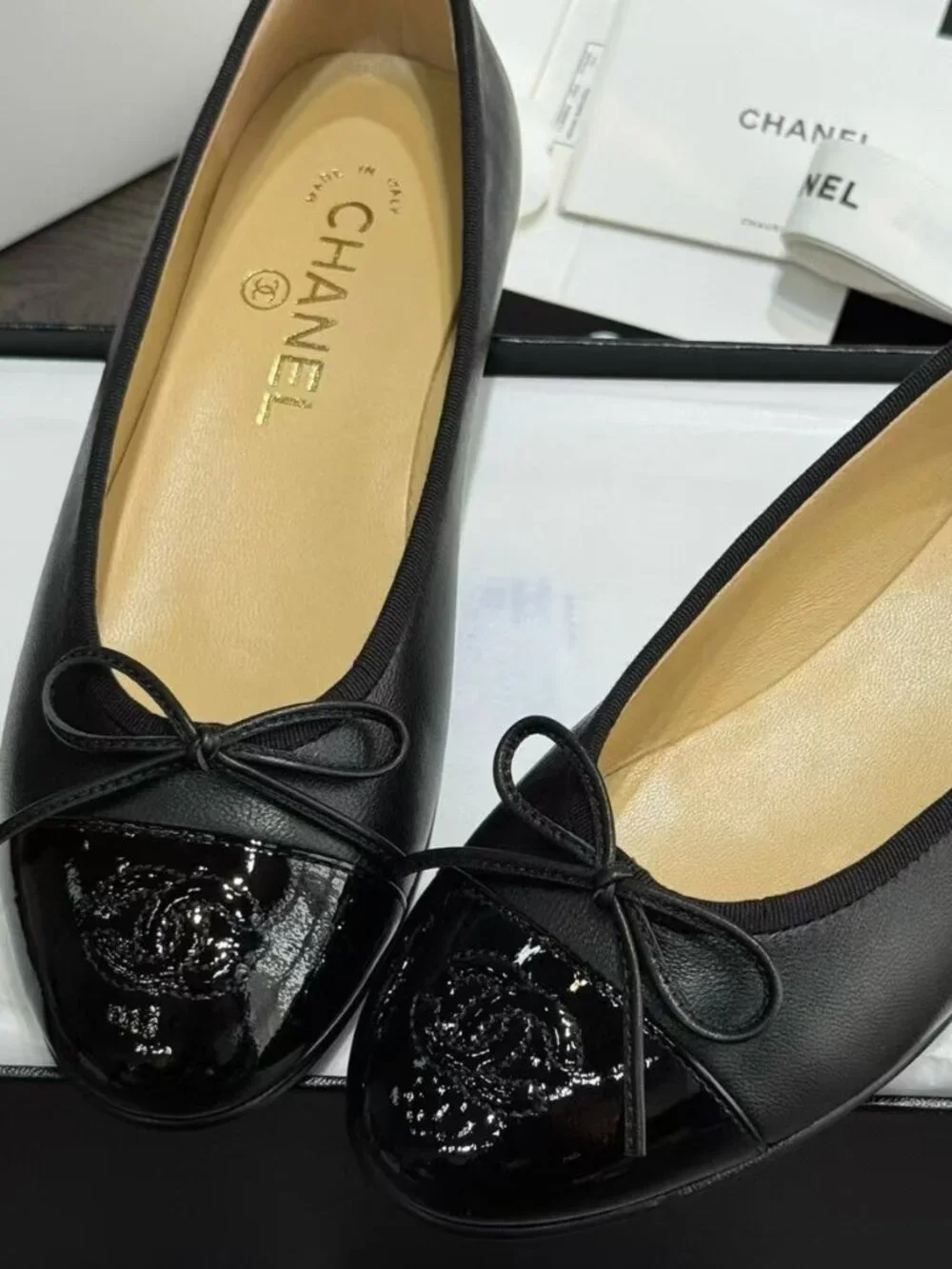 Chanel Two‑Tone Patent Toe Bow Ballet Flats